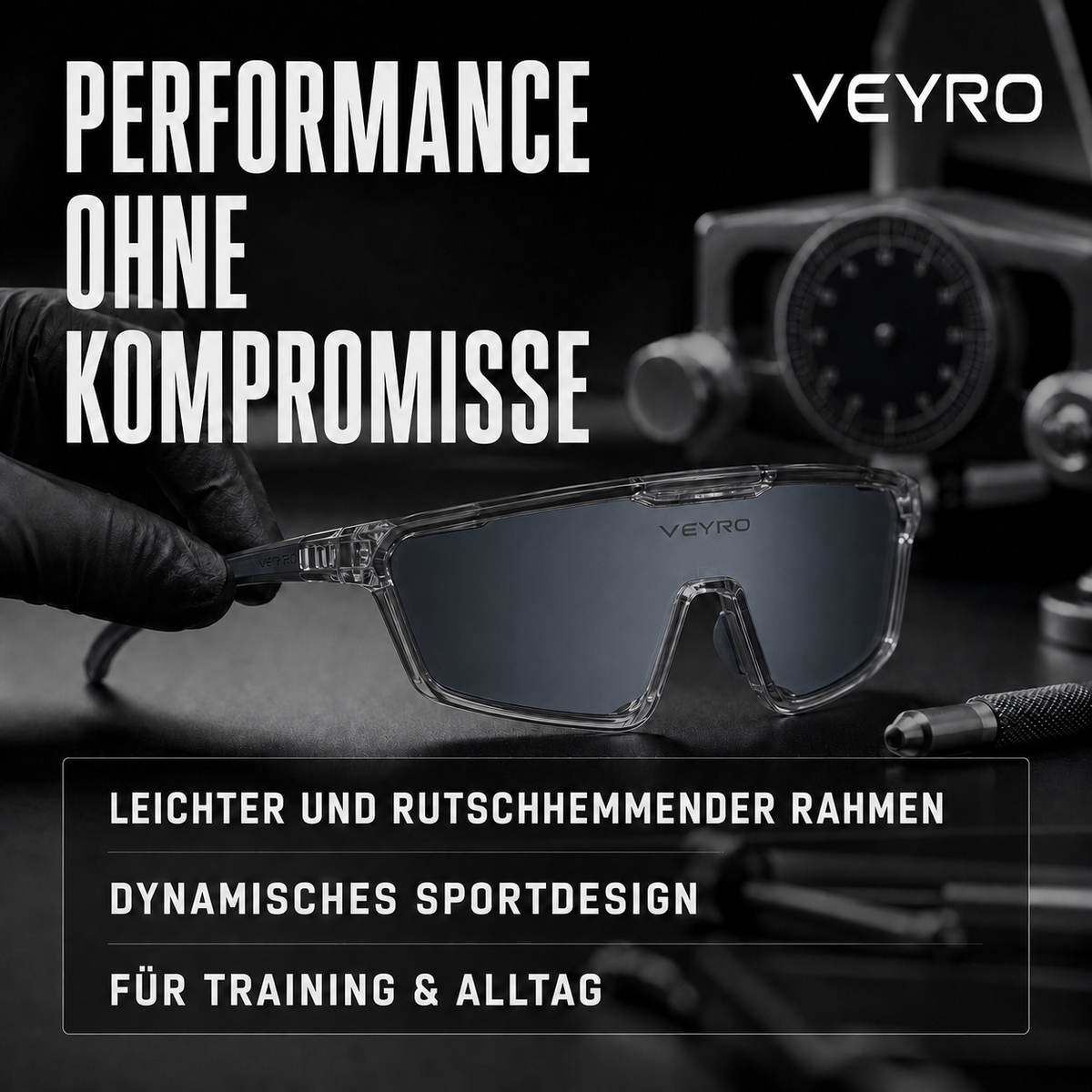 VEYRO Sportbrille mit leichtem, rutschhemmendem Rahmen für komfortablen Sitz bei Sport und Alltag. Dargestellt in einer Laborähnlichen Umgebung mit hoch professionellem Werkzeug für die Herstellung von Brillen.
