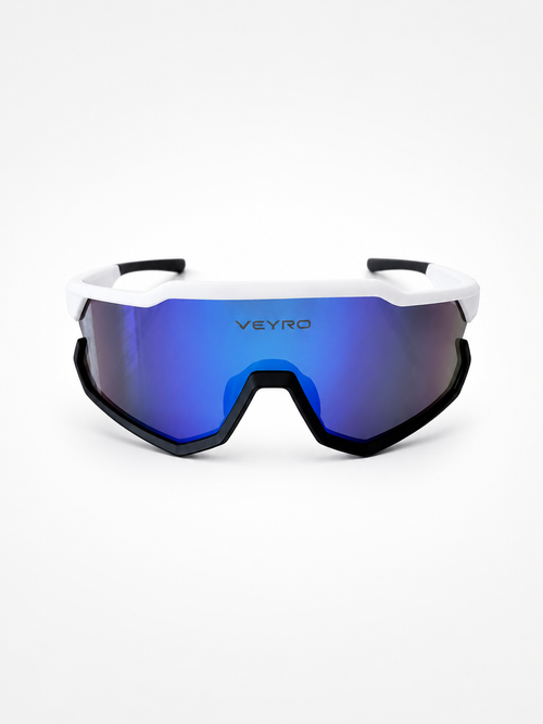 VEYRO Apex Arctic Blue Sportbrille mit weißer Fassung und blauer Mirror-Scheibe – Frontansicht