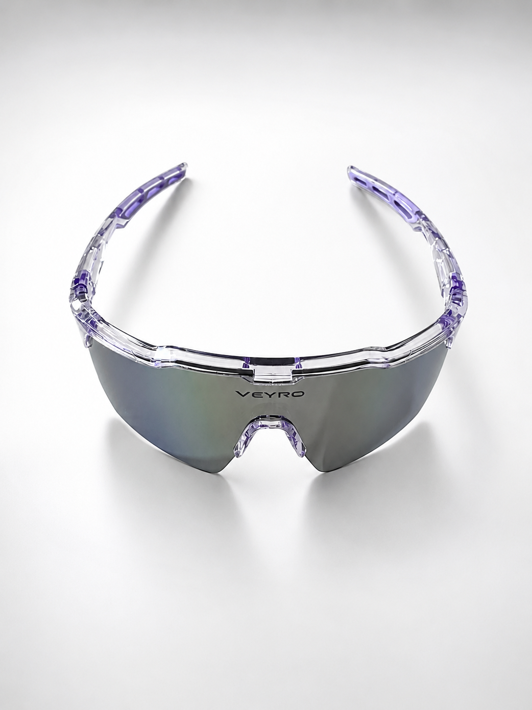 VEYRO Aura Sportbrille in Lila-Transparent – Ansicht von oben mit geöffneten Bügeln