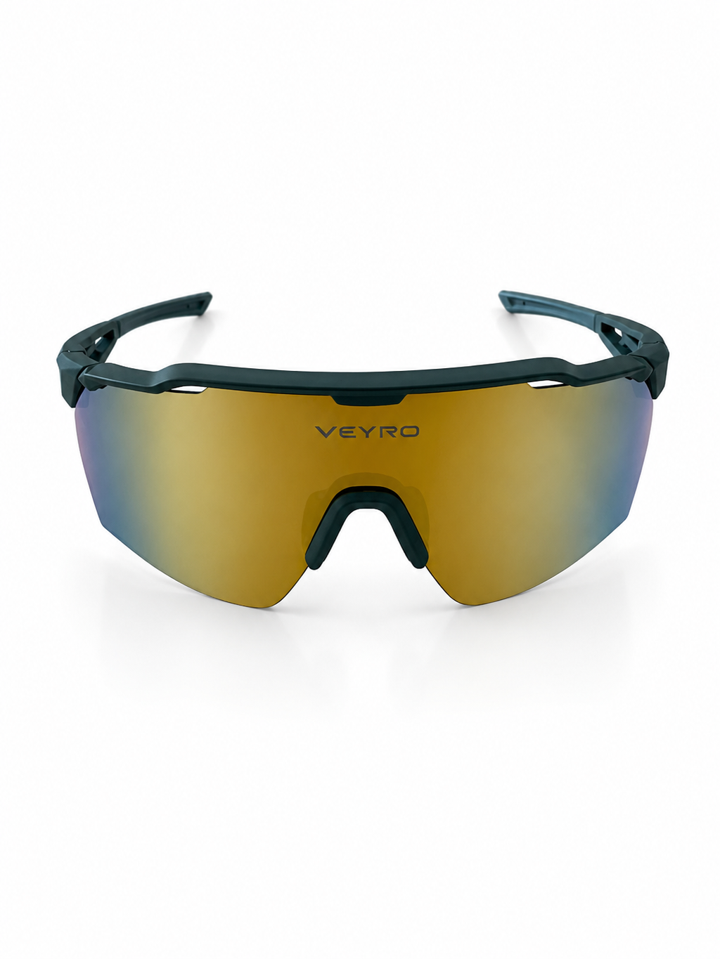 VEYRO Solis Sportbrille mit dunkelgrünem Vollrahmen und goldener Mirror-Scheibe – Frontansicht