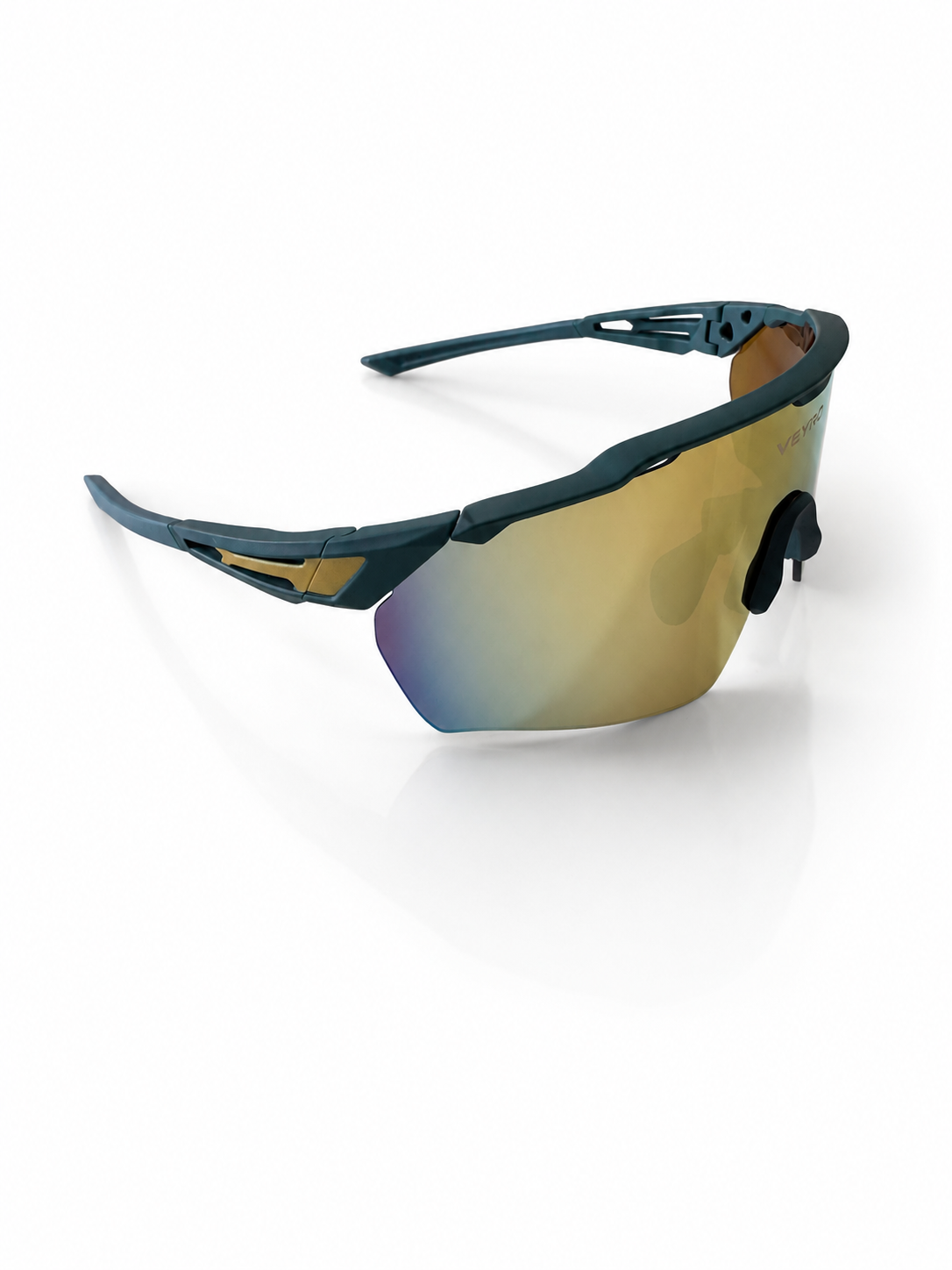 VEYRO Solis Sportbrille in Forest Gold mit dunkelgrünem Rahmen und goldverspiegelter Shield-Scheibe
